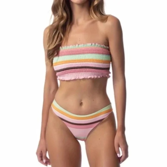 Phax Striped Smocked Strapless Bikini Swimsuit 2Pc Two Piece Set - Picture 2 of 4